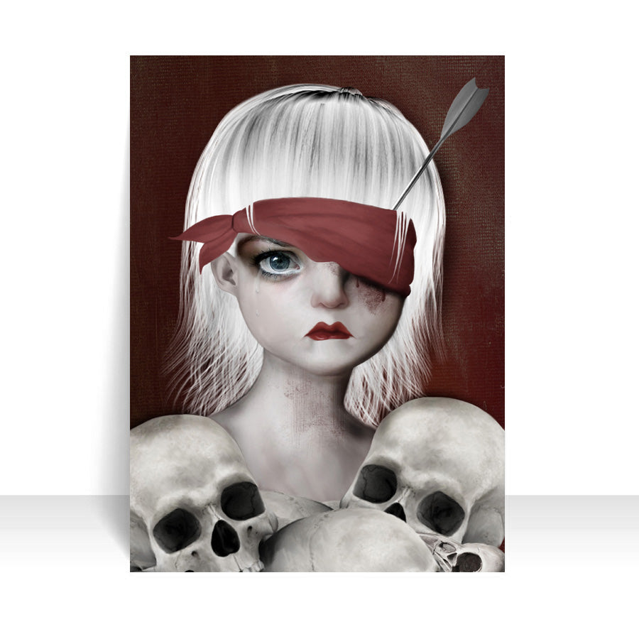 Memento Mori Art ACEO features "Lucky", a girl who signifies the transient nature of life with a bloodied blindfold and an eye pierced with an arrow. Surrounded by human skulls,
