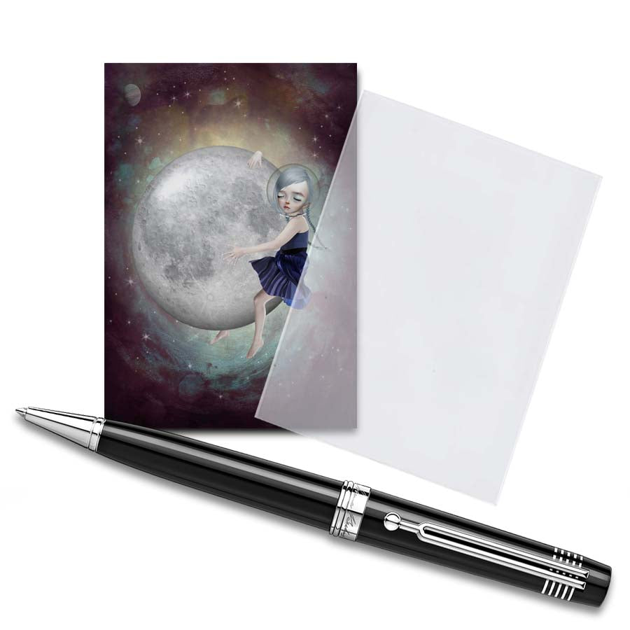ACEO card and plastic sleeve features a girl embracing the moon in outer space.