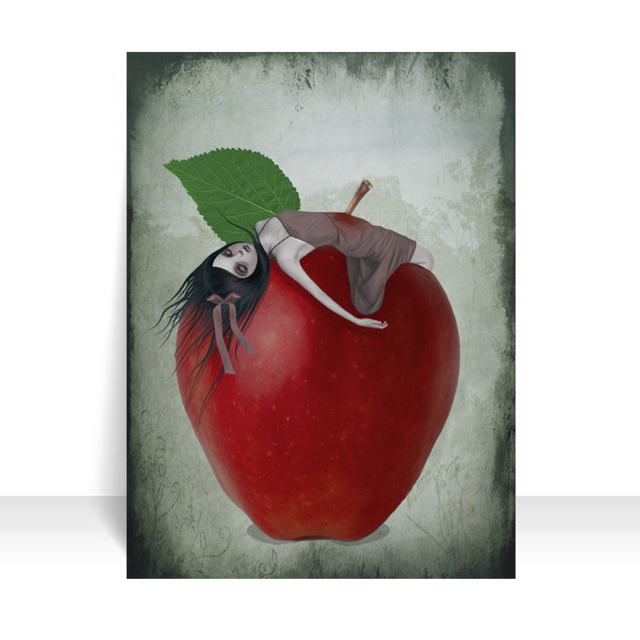 Dark Gothic ACEO Card. A gothic fairy tale scene, this miniature art print depicts a girl impaled on the stalk of an oversized red apple.