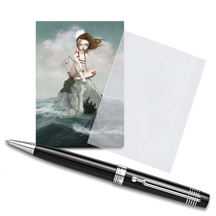 The ACEO card features a girl surrounded in shark infested waters, displayed in a clear protective sleeve with a pen for size comparison. It showcases pop surrealism, nautical artwork.