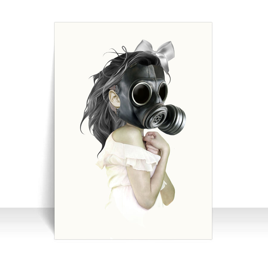 Dystopian Artist Trading Card. With a portrait of a girl wearing a gas mask,