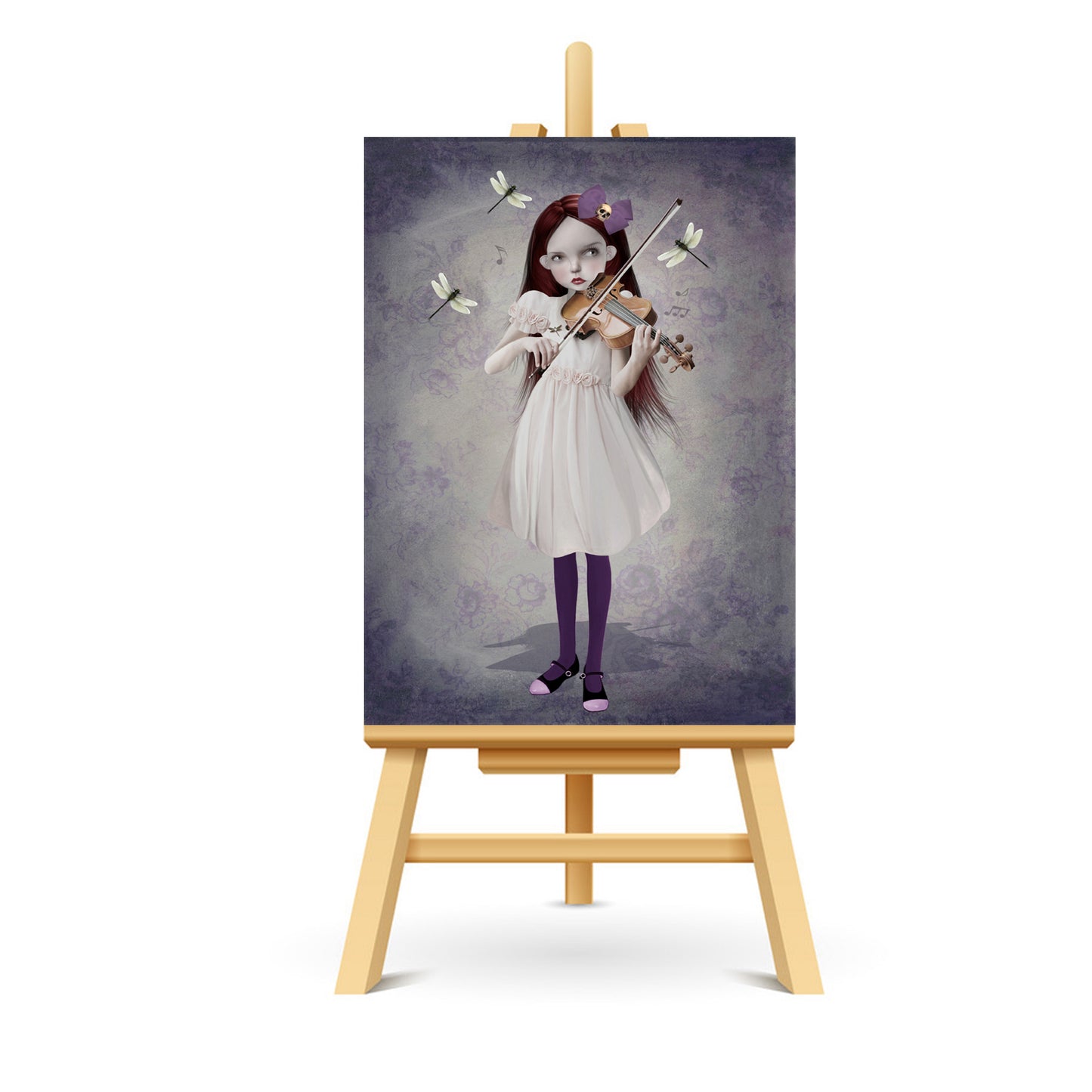 Miniature ACEO art of a girl playing a with dragonflies, blending creepy and cute, displayed on a small stand.iolin