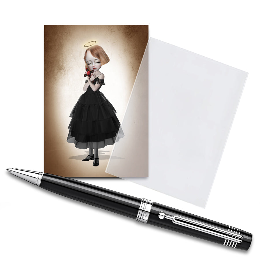 The ACEO card features a girl with a crucifix, displayed in a clear protective sleeve with a pen for size comparison. It showcases spiritual artwork.