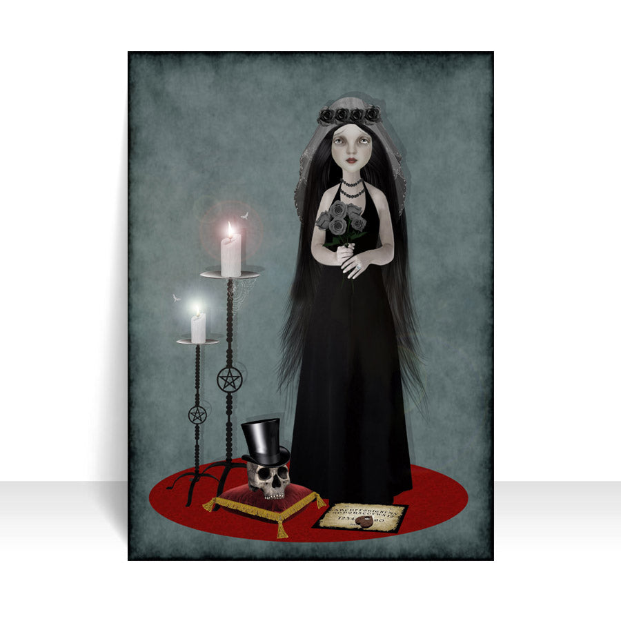 Artist trading card featuring a goth bride and her groom's skull. Watch as she takes her vows through a ouija board, a twisted and chilling union.
