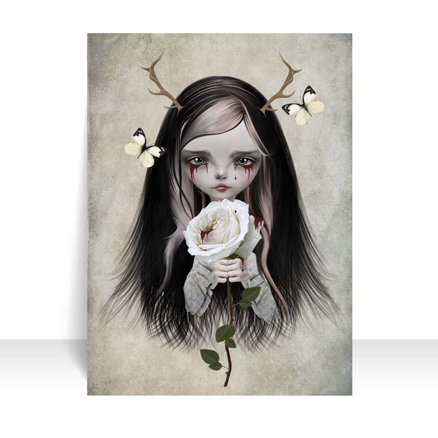 Gothic artist trading card. Rose Red adorns antlers and bleeding eyes, clutching a white rose. Witness the crimson tears that have stained this delicate flower.