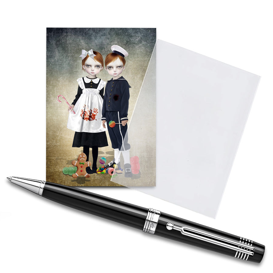 Creepy cute Artist trading card, the image is of Hansel and Gretel they are the villains in my story not the witch.
