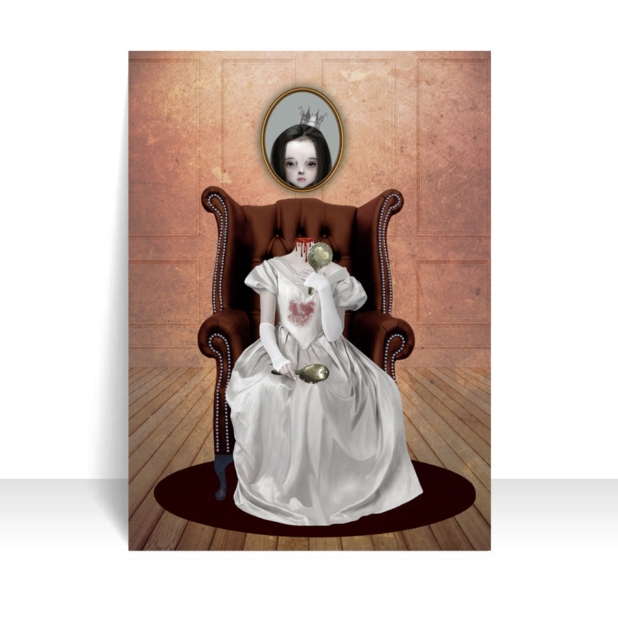 A headless girl seated in a chair. Holding a hand mirror, a mirror on the wall behind her reflects her head within it - ACEO Artist Trading Card.