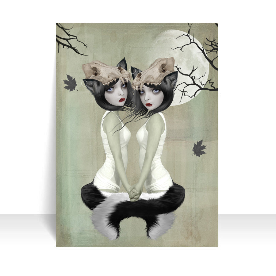 Fantasy ACEO art card features two lycan sisters, eagerly awaiting the invitation of the full moon to transform into their true forms.