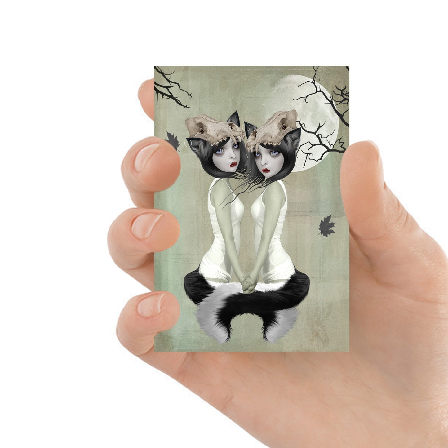 Werewolf ACEO art card features two lycan sisters, eagerly awaiting the invitation of the full moon to transform into their true forms
