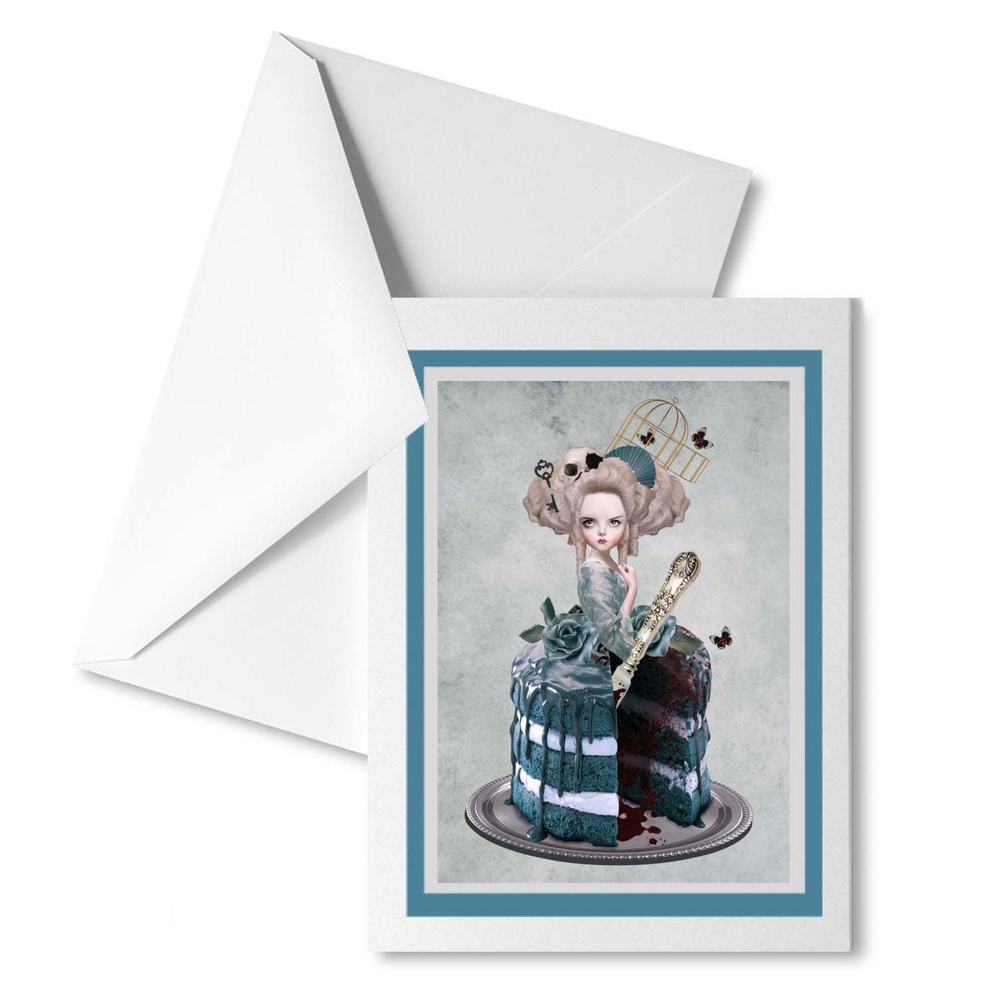 Rococo art greeting card features a stunning artwork of Marie Antoinette portrayed as a decadent cake with a missing slice.