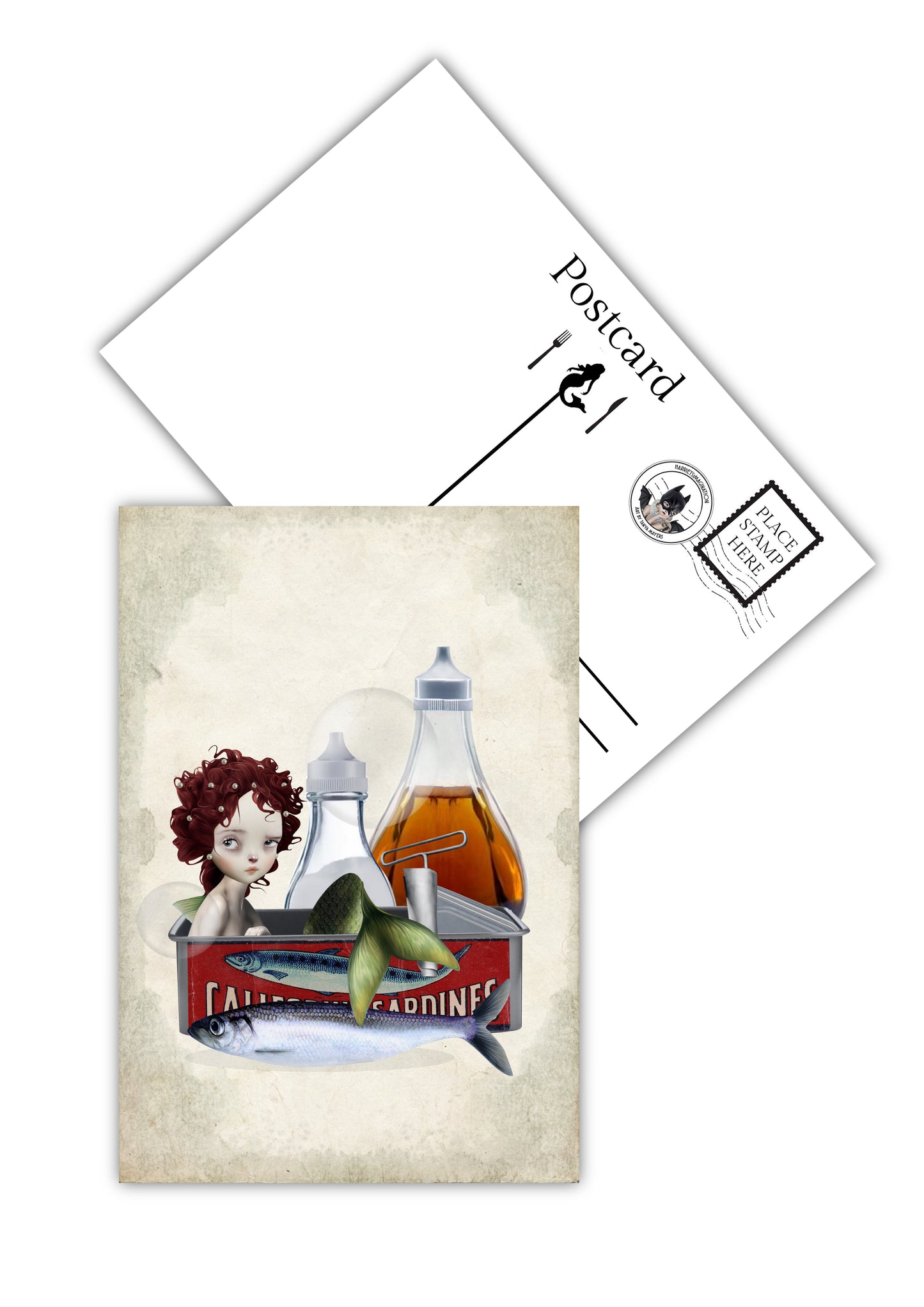 Mermaid in sardine tin postcard, showcasing back for text.