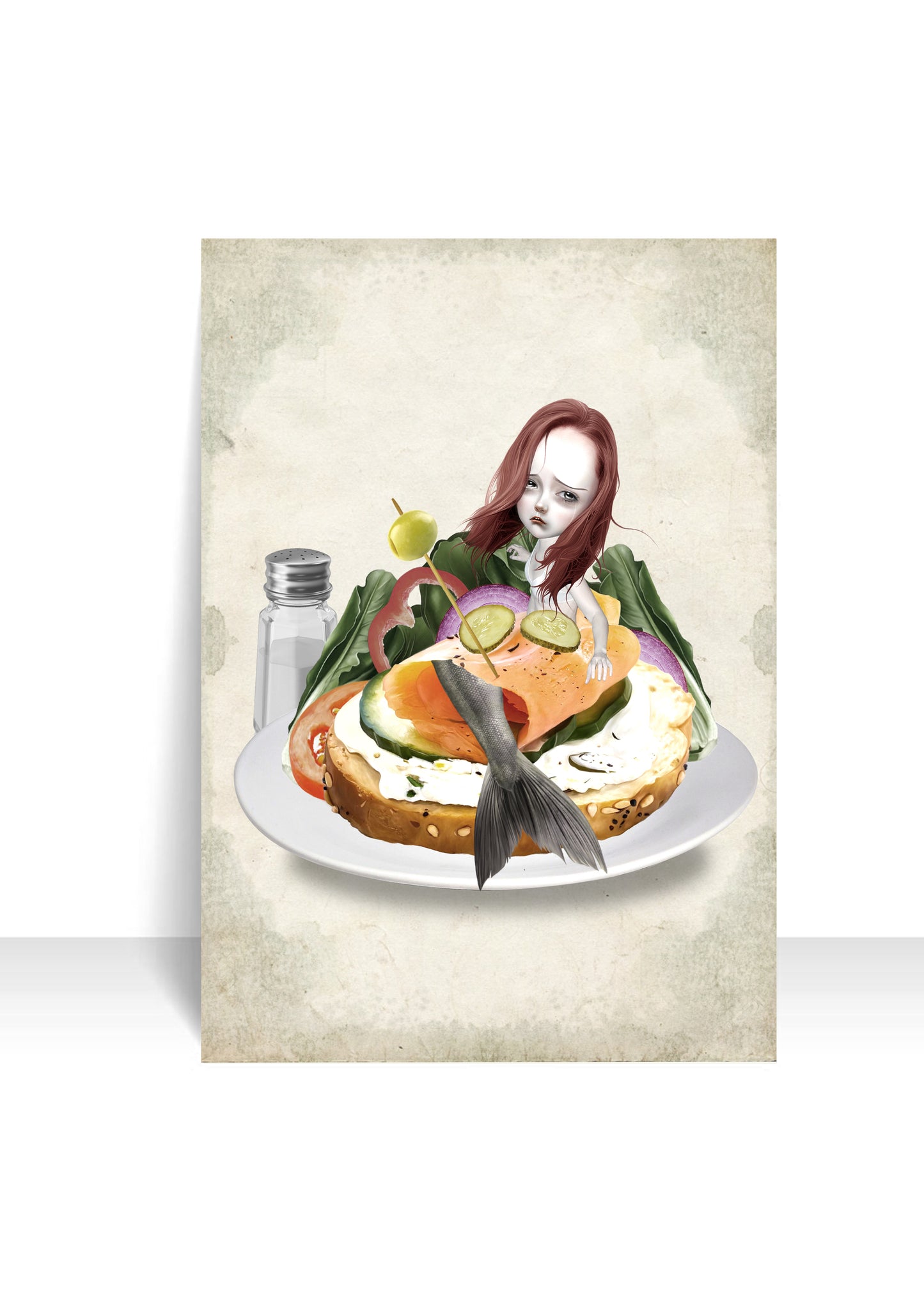 1 of the postcards from my set of 4 image is a mermaid in a salmon wrap on a diners plate.