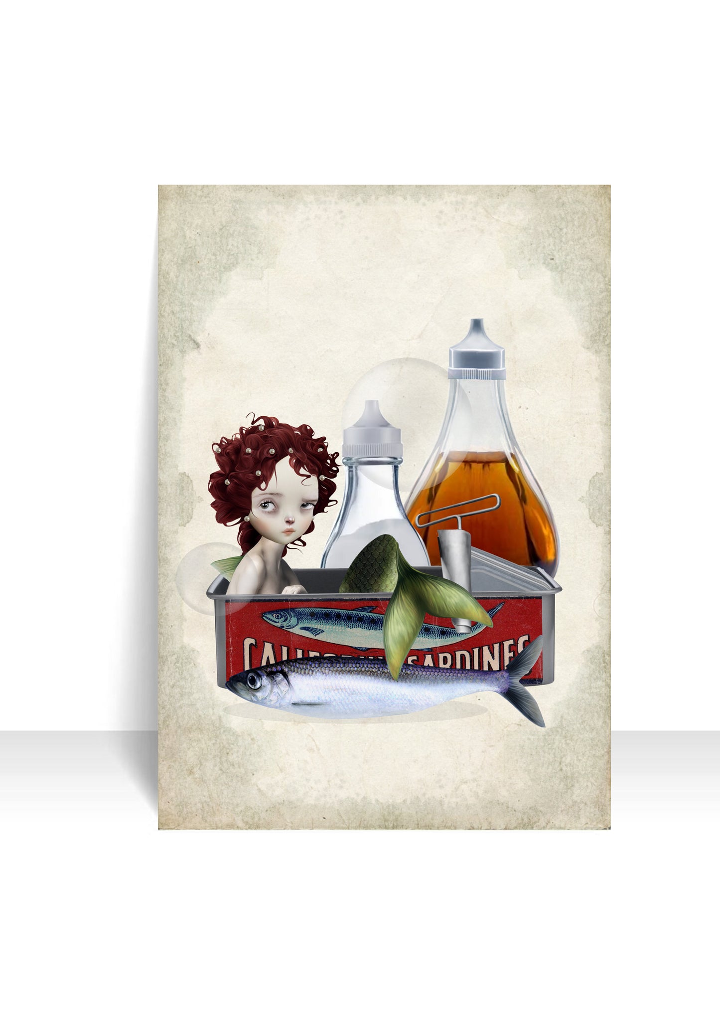 1 of the postcards from my set of 4 image is a mermaid in a sardine tin.