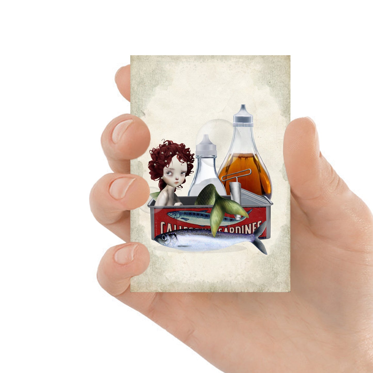 ACEO features a sad mermaid surrounded by sardines in a tin