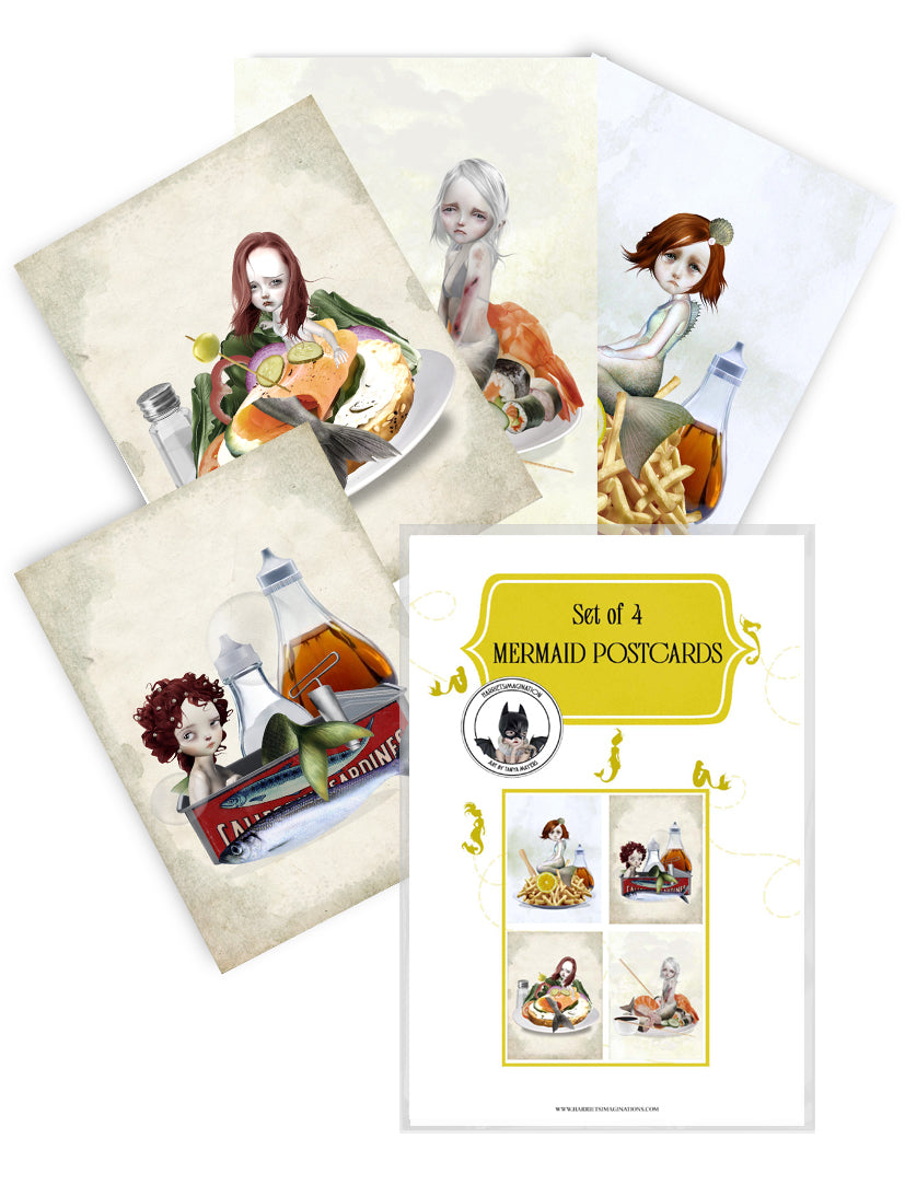 Mermaid Postcard Set featuring 4 quirky mermaid designs.