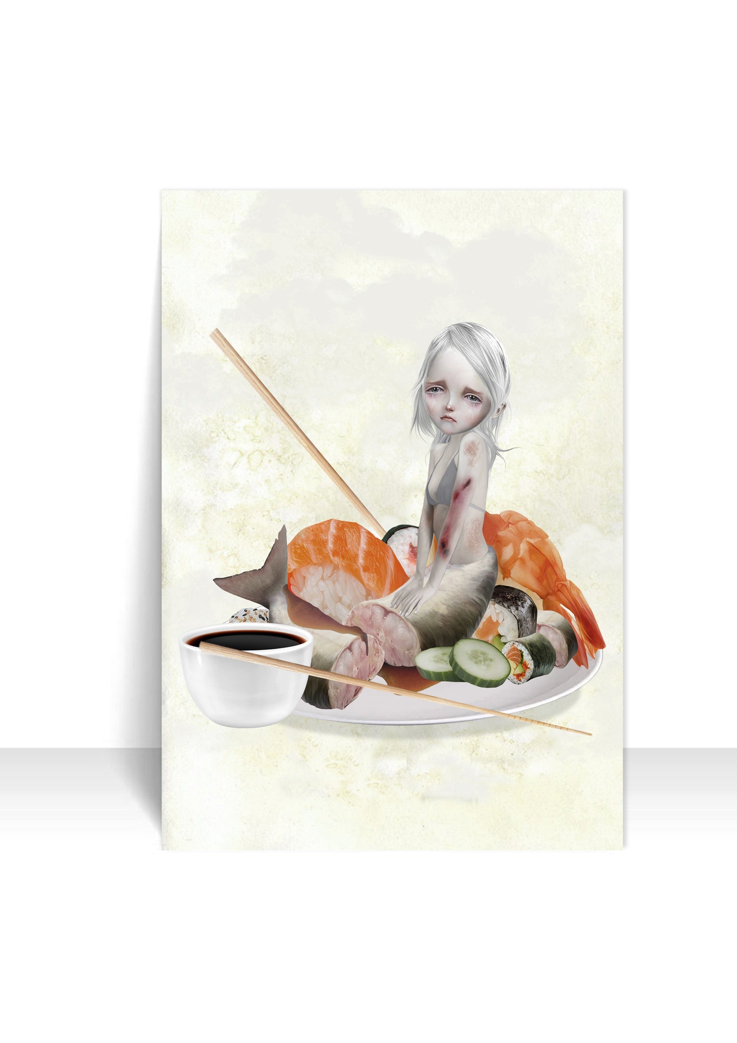1 of the postcards from my set of 4 image is a mermaid sitting with sushi on a diners plate.