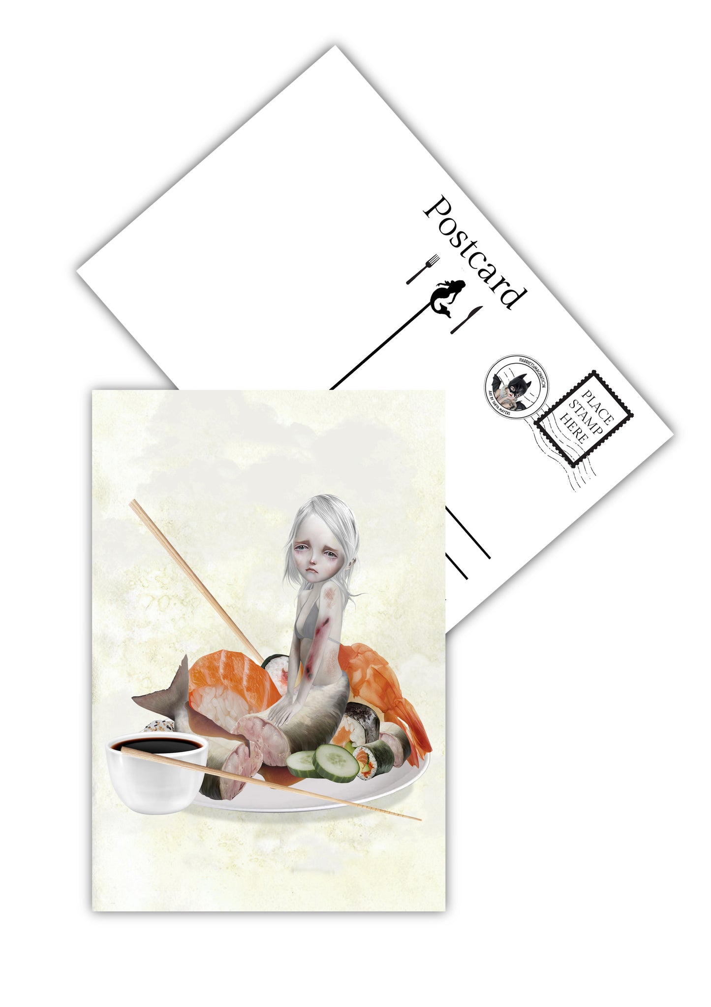 Mermaid sushi postcard, showcasing back for text.