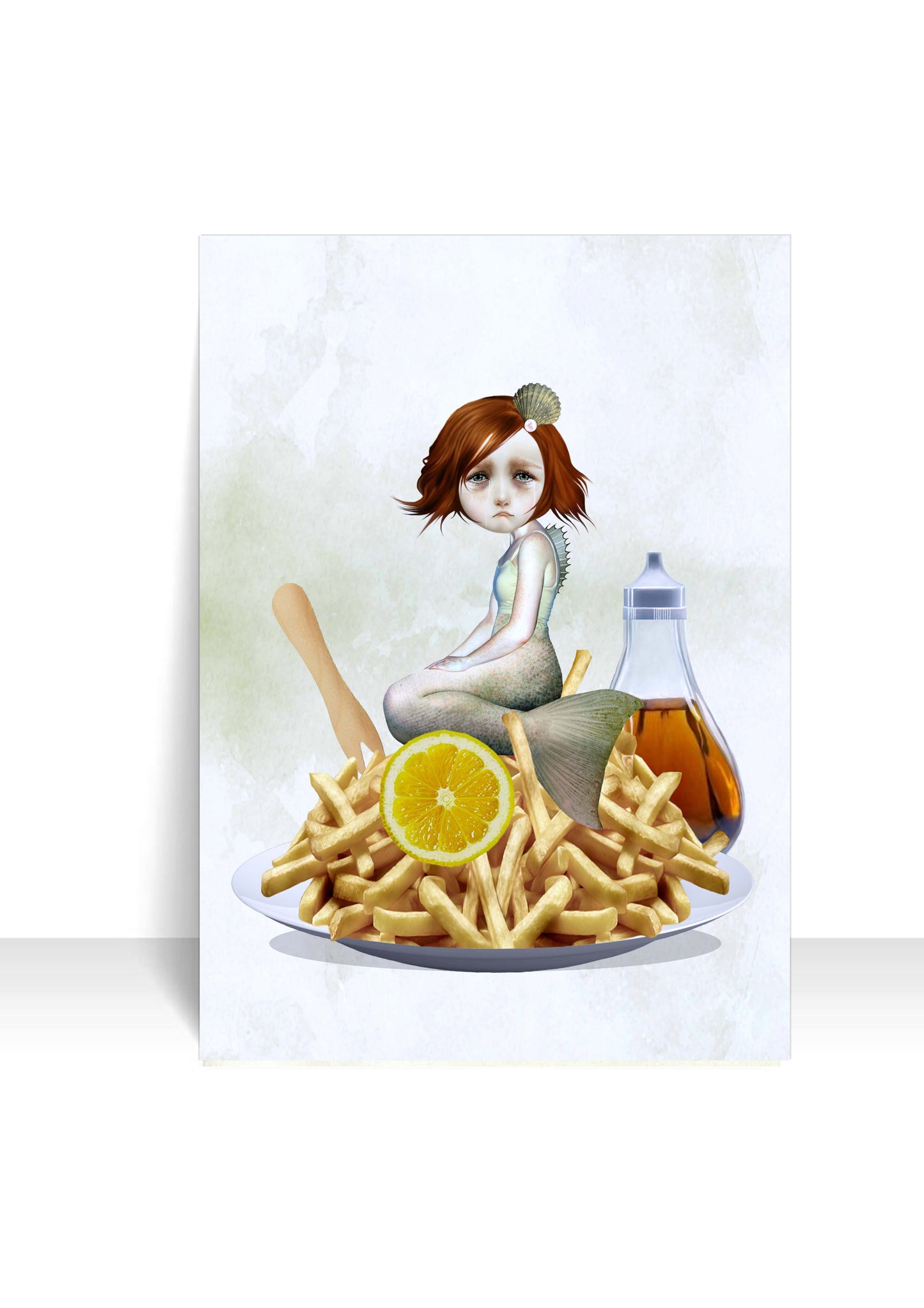 1 of the postcards from my set of 4 image is a mermaid sitting on top of chips on a diners plate.