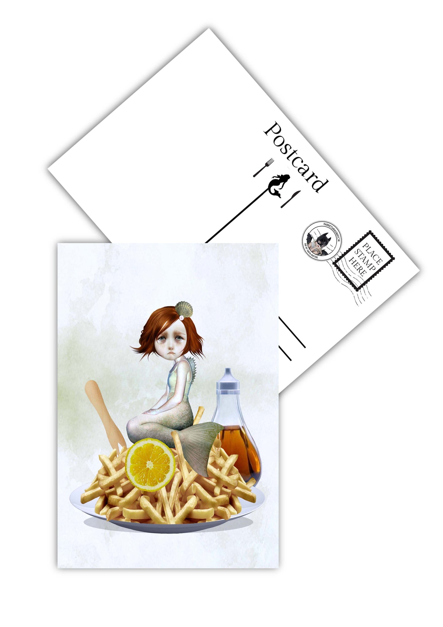 Mermaid and chips postcard, showcasing back for text.