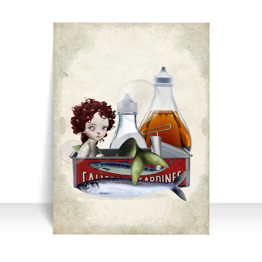 Quirky Artist trading card features a sad mermaid surrounded by sardines in a tin