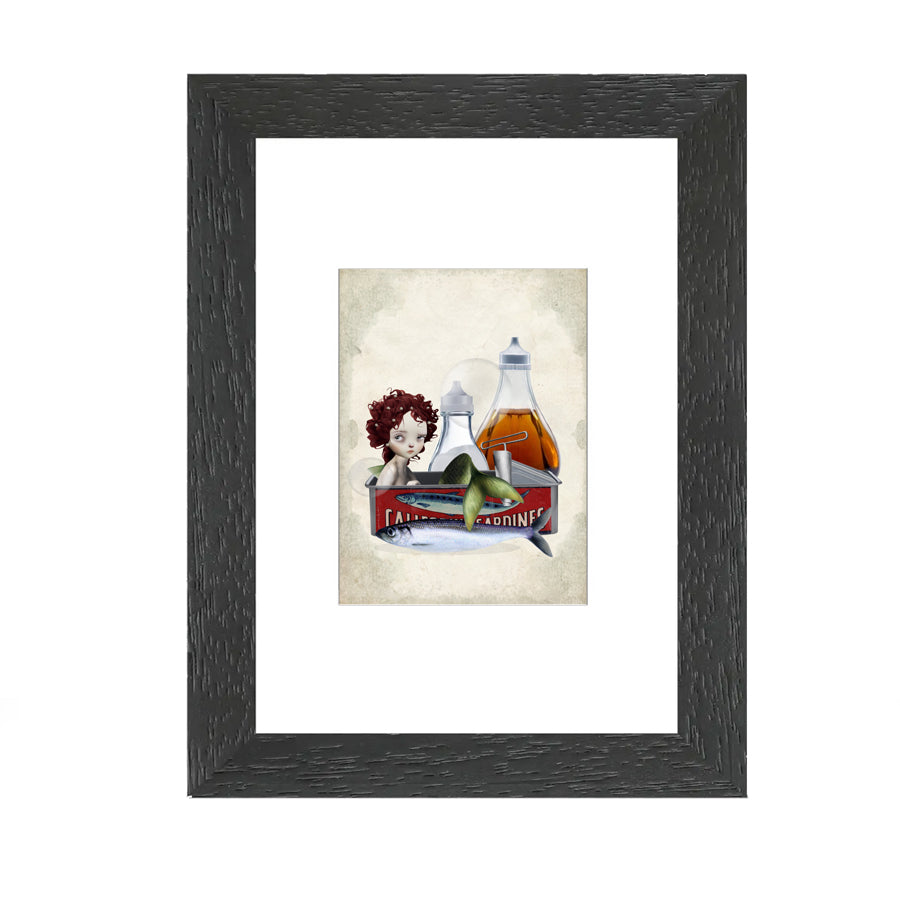 Miniature art ACEO card features a sad mermaid surrounded by sardines in a tin