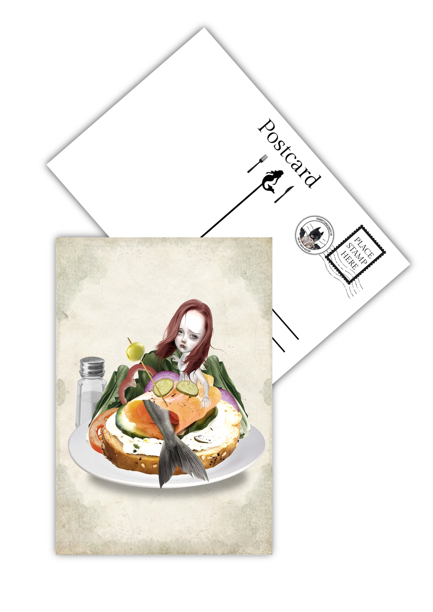 Mermaid salmon wrap postcard, showcasing back for text.