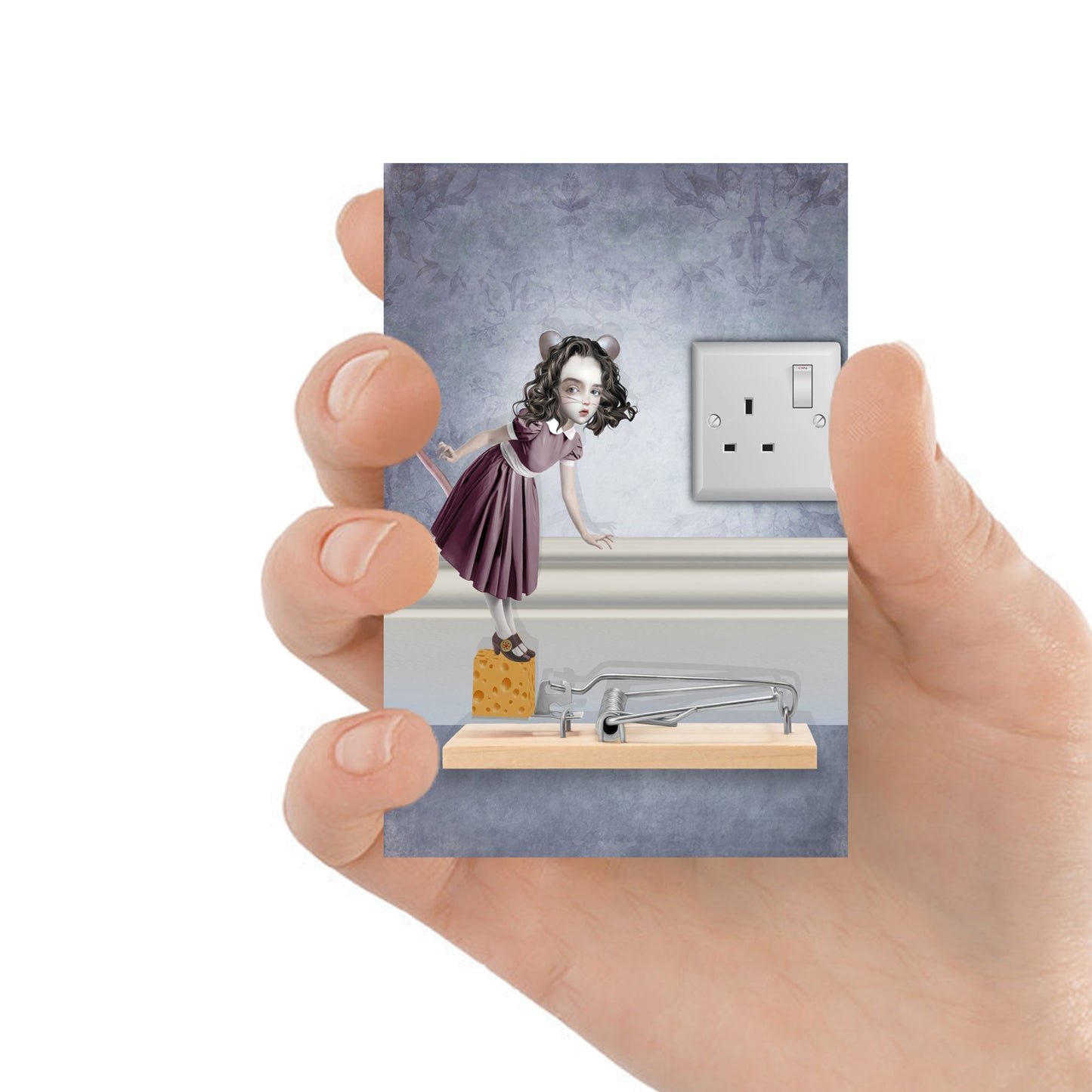 A human hand holding mouse girl ACEO Card.