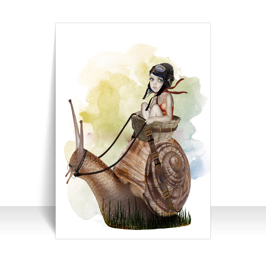 Pop surrealism artist trading card, showcasing a girl riding on the back of an oversized garden snail.