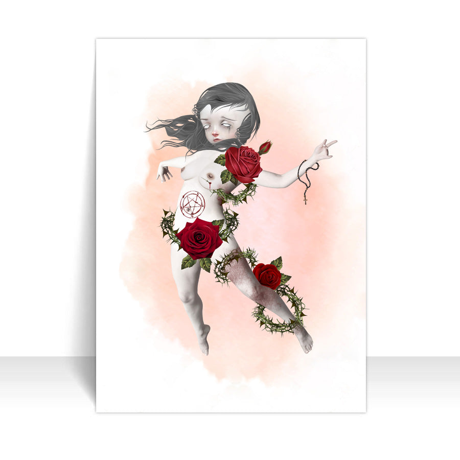 Close-up of possessed girl ACEO art card against a white background, highlighting its intricate macabre details.