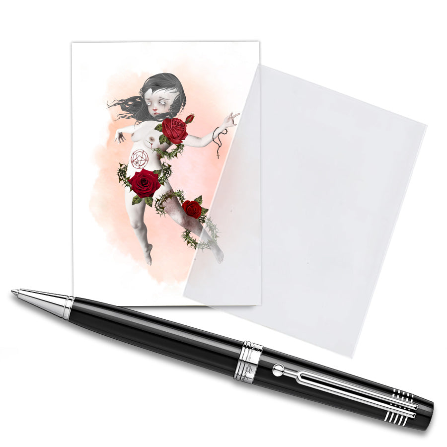 The ACEO card features a possessed girl, displayed in a clear protective sleeve with a pen for size comparison. It showcases creepy, cute artwork.
