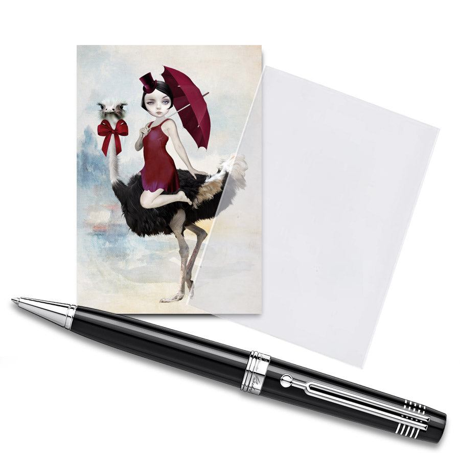 ACEO features a whimsical scene of a lady riding on the back of an ostrich.