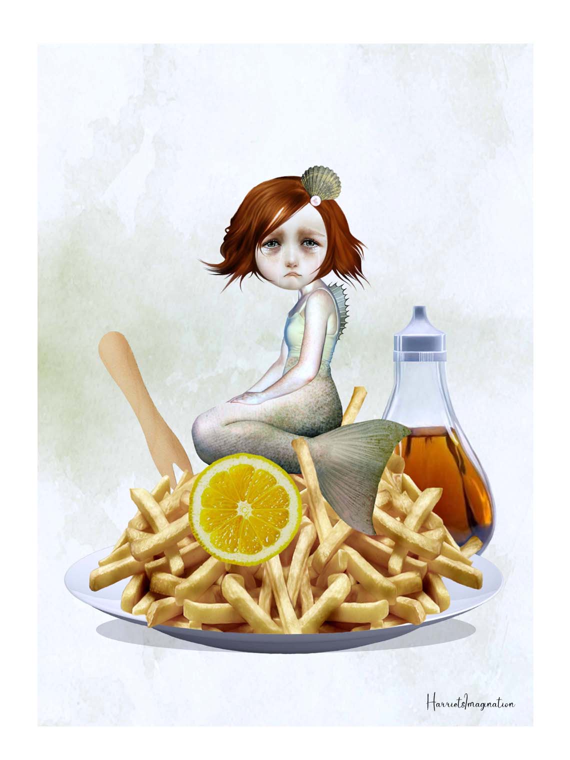 A quirky art print featuring a sad mermaid on a diners plate, displayed without a frame.
