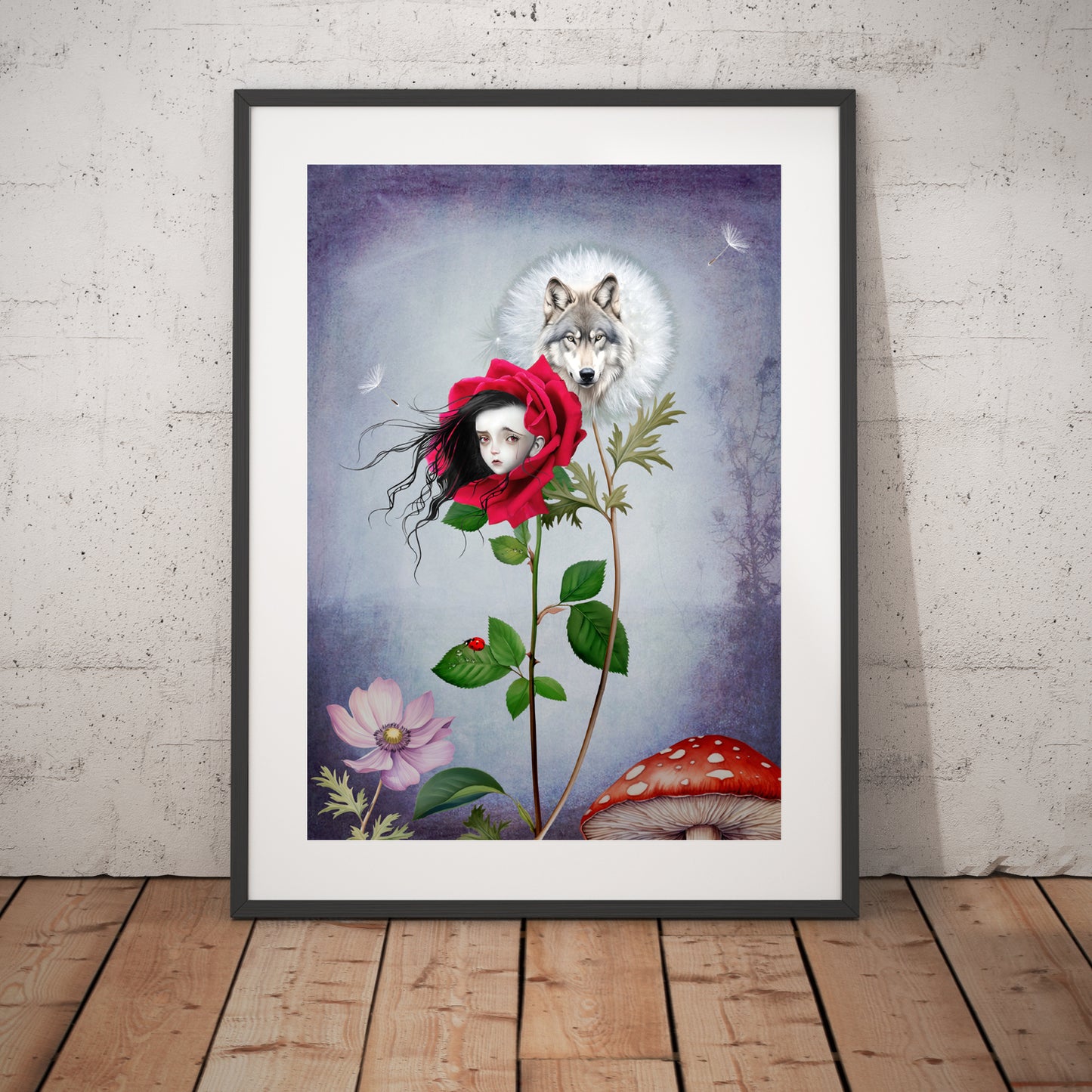Art print featuring floral Red Riding Hood and wolf . Displayed in a frame for a stylish presentation. Perfect for fairy tale-themed decor.