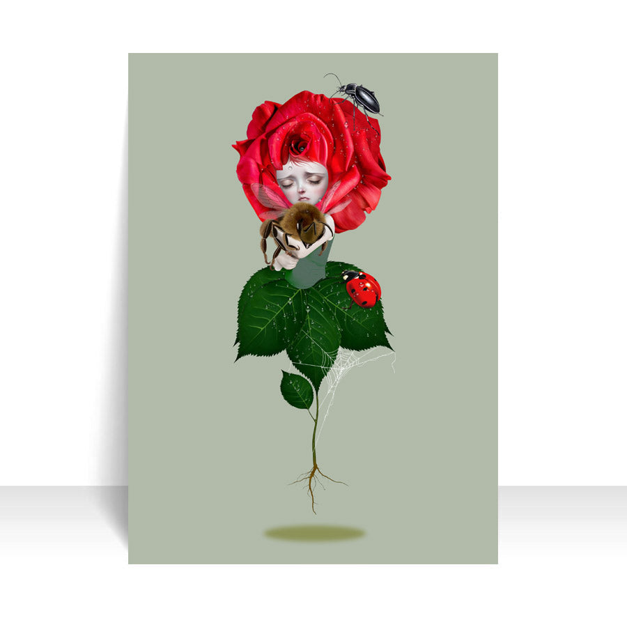 Melancholic ACEO Artist Trading Card. This collectible miniature features a delicate red rose caressing a bumblebee.