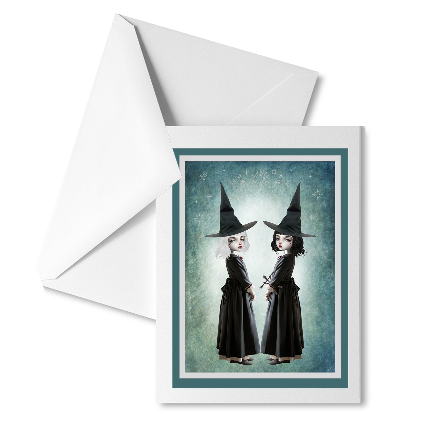 Witchy art greeting card features two sister witches, one with a twynas.