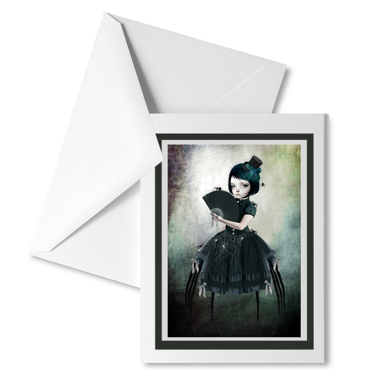 Spider Girl Art Greeting Card features a striking and mysterious black widow spider girl, beautifully dressed in gothic attire.