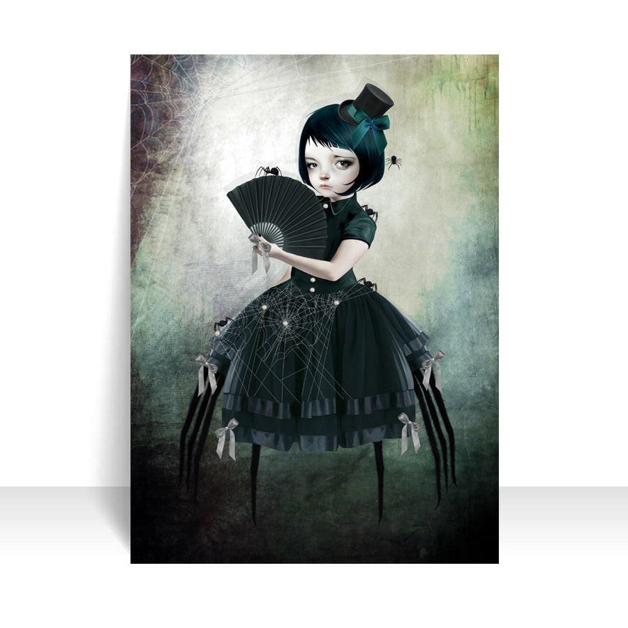 Gothic ACEO Card features a Creepy Cute Spider Girl, showcasing her arachnid lower half and surrounded by spiders