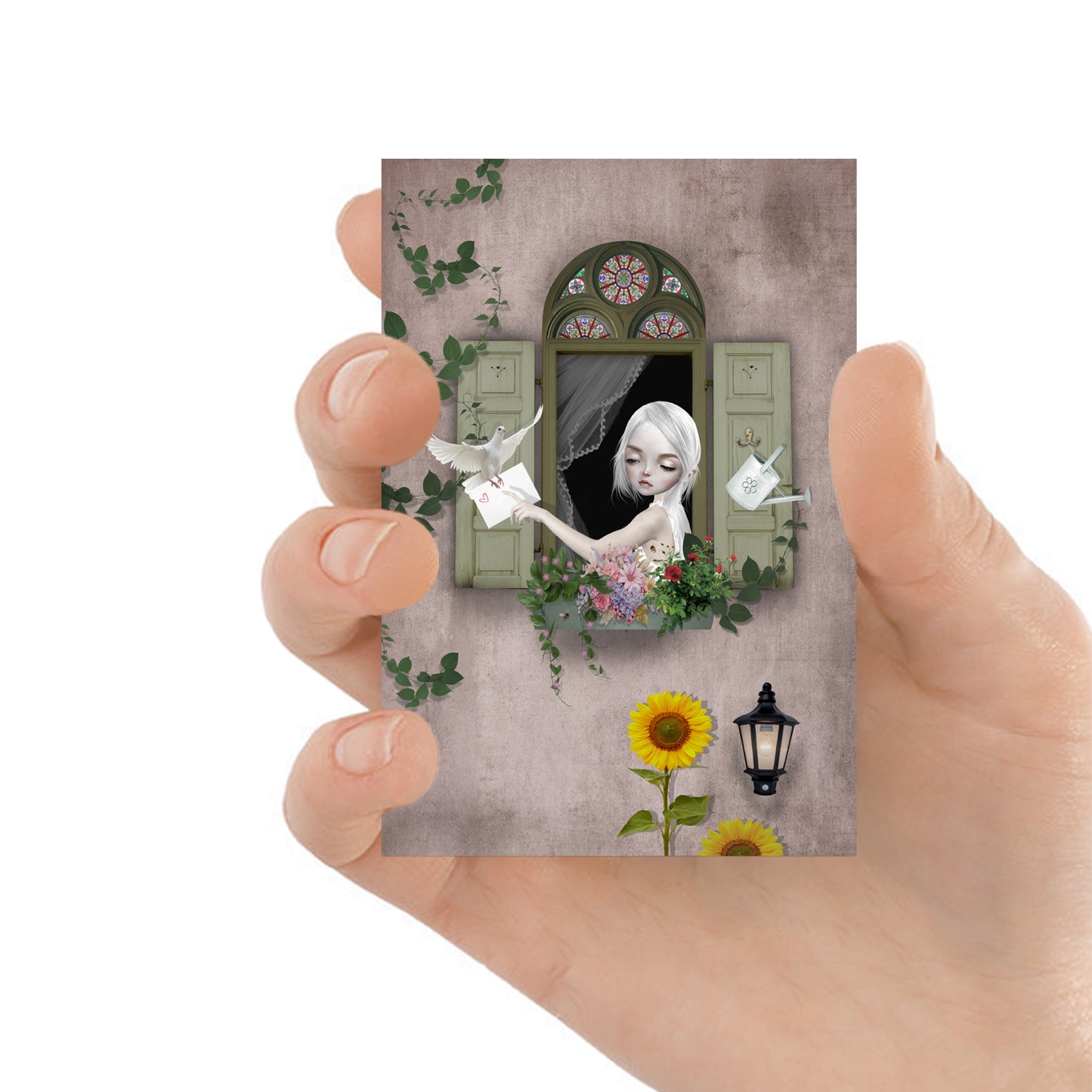 Summer ACEO art piece captures a girl at her window, surrounded by a blooming floral window box. A dove delivering a letter to her.