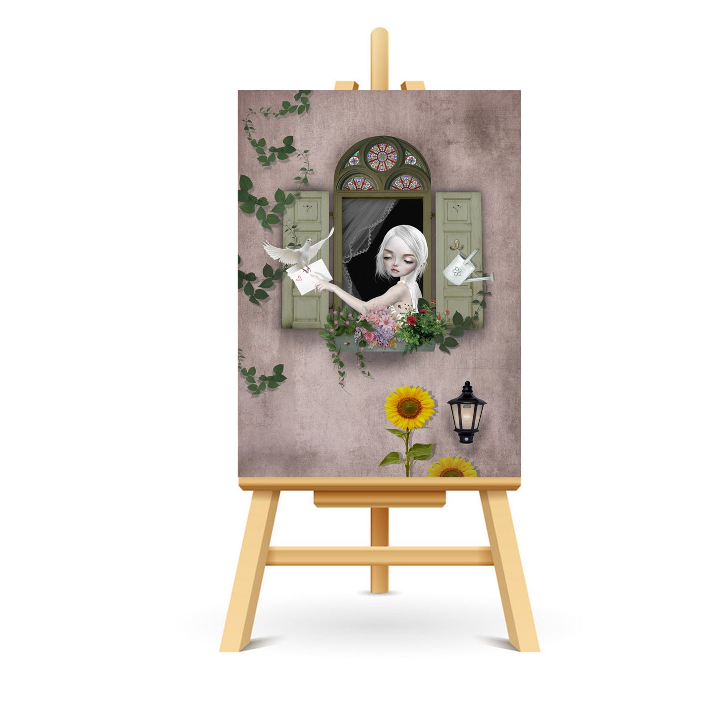 Seasonal ACEO art piece captures the whimsical essence of summer with a girl at her window, surrounded by a blooming window box. A dove delivering a letter to her.