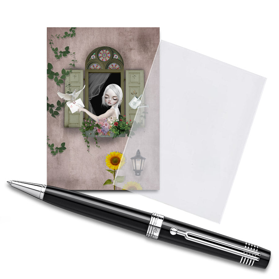 Seasonal Artist trading card captures the whimsical essence of summer with a girl at her window, surrounded by a blooming window box. A dove delivering a letter to her.