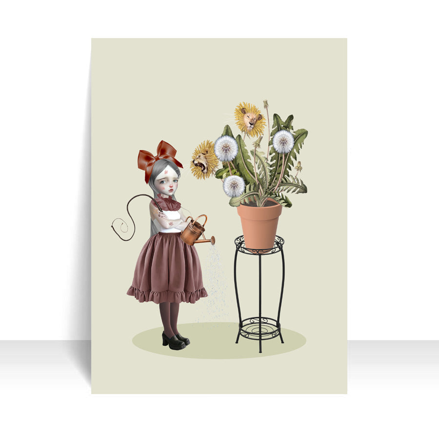 Surreal Artist Trading Card features a girl tending to her dandelion plant, with scratches and wounds.