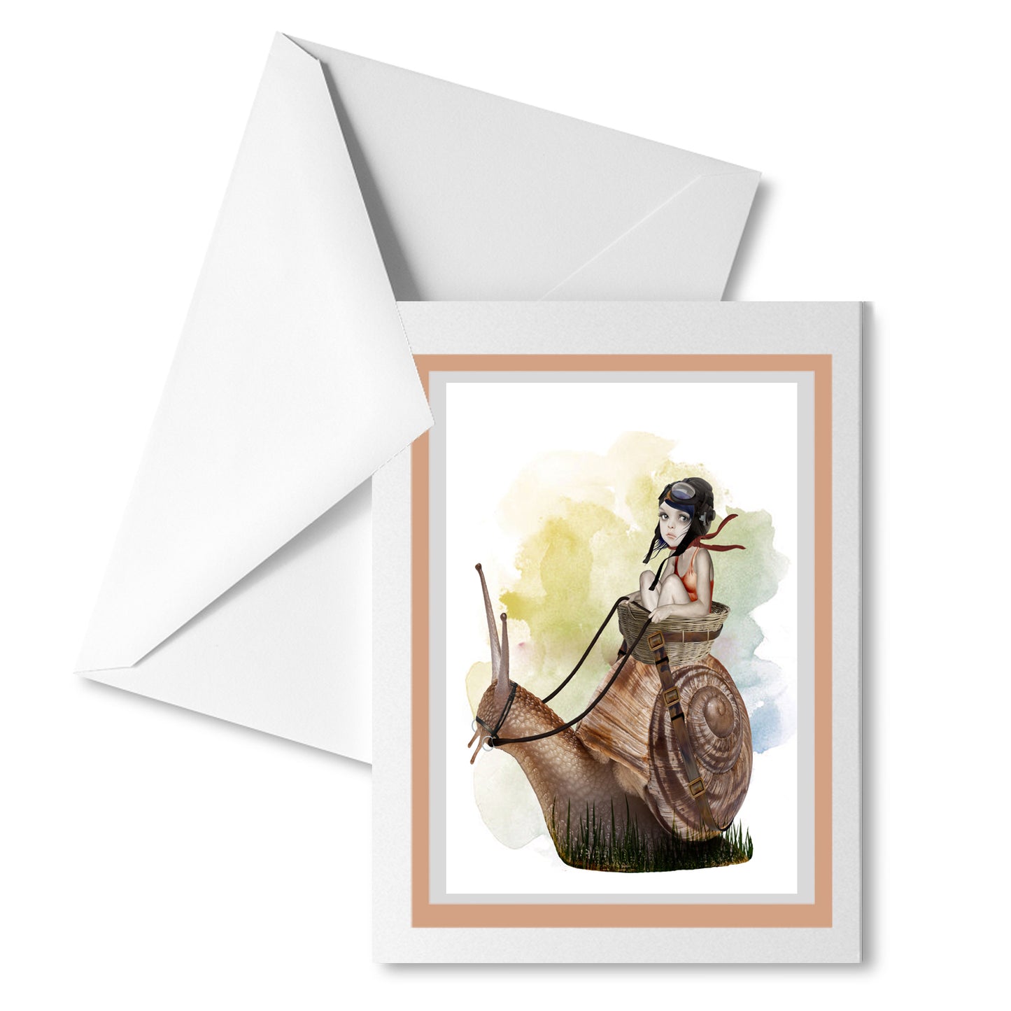 Surreal Garden Snail Greeting Card features a girl riding on the back of an oversized garden snail.