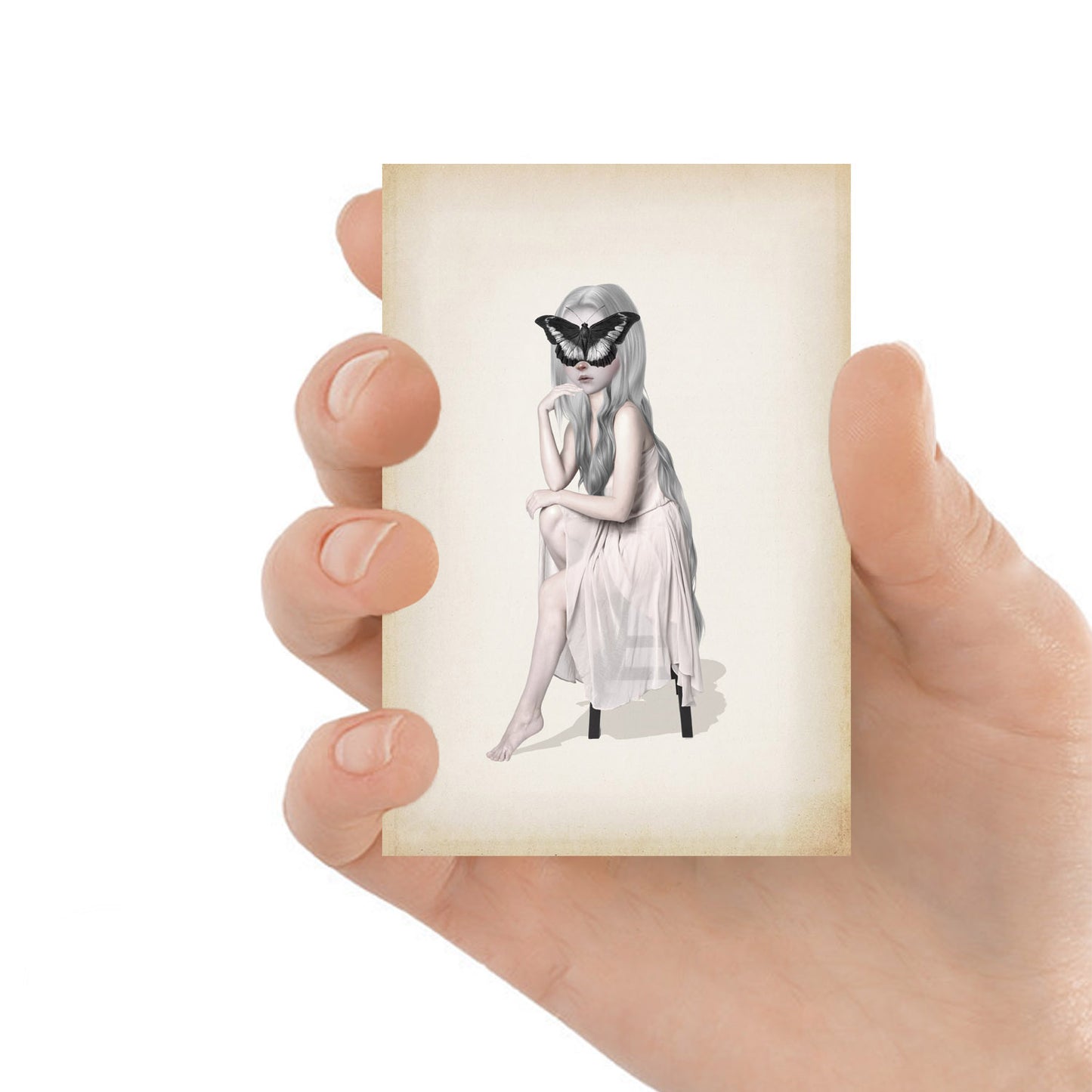Surreal ACEO Artist Trading Card. Featuring a girl sitting with an oversized butterfly covering her face,