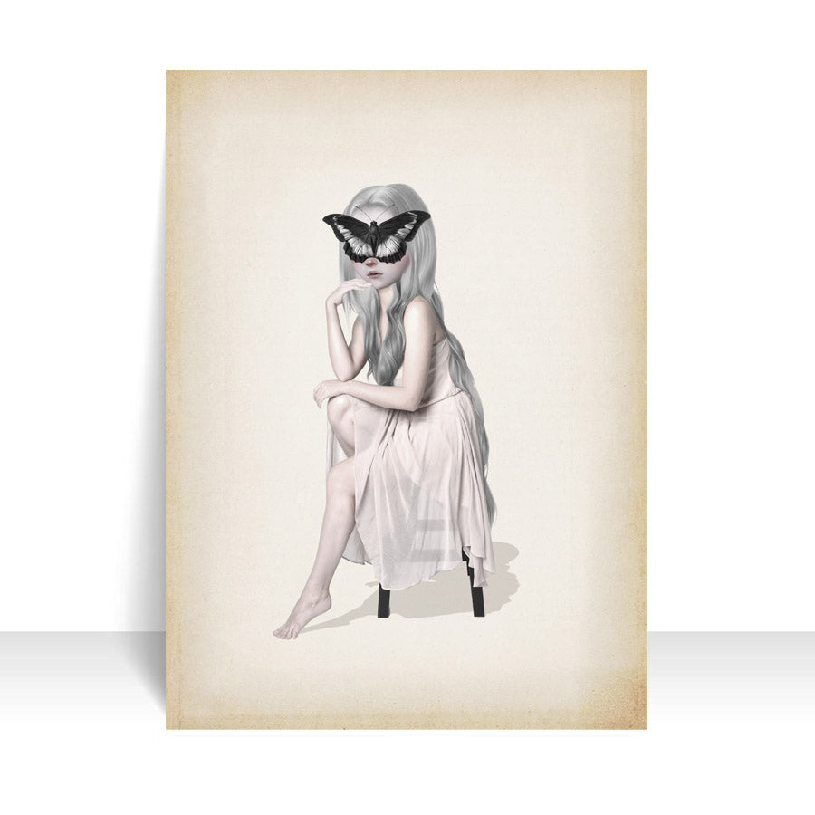 ACEO Artist Trading Card. Surrealism art Featuring a girl sitting with an oversized butterfly covering her face,