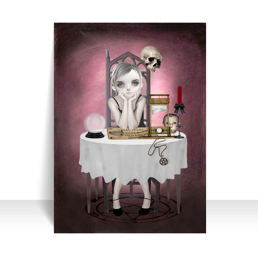 Goth Girl and ouija board ACEO Art Card on White Background – Dark and Whimsical Miniature Art.