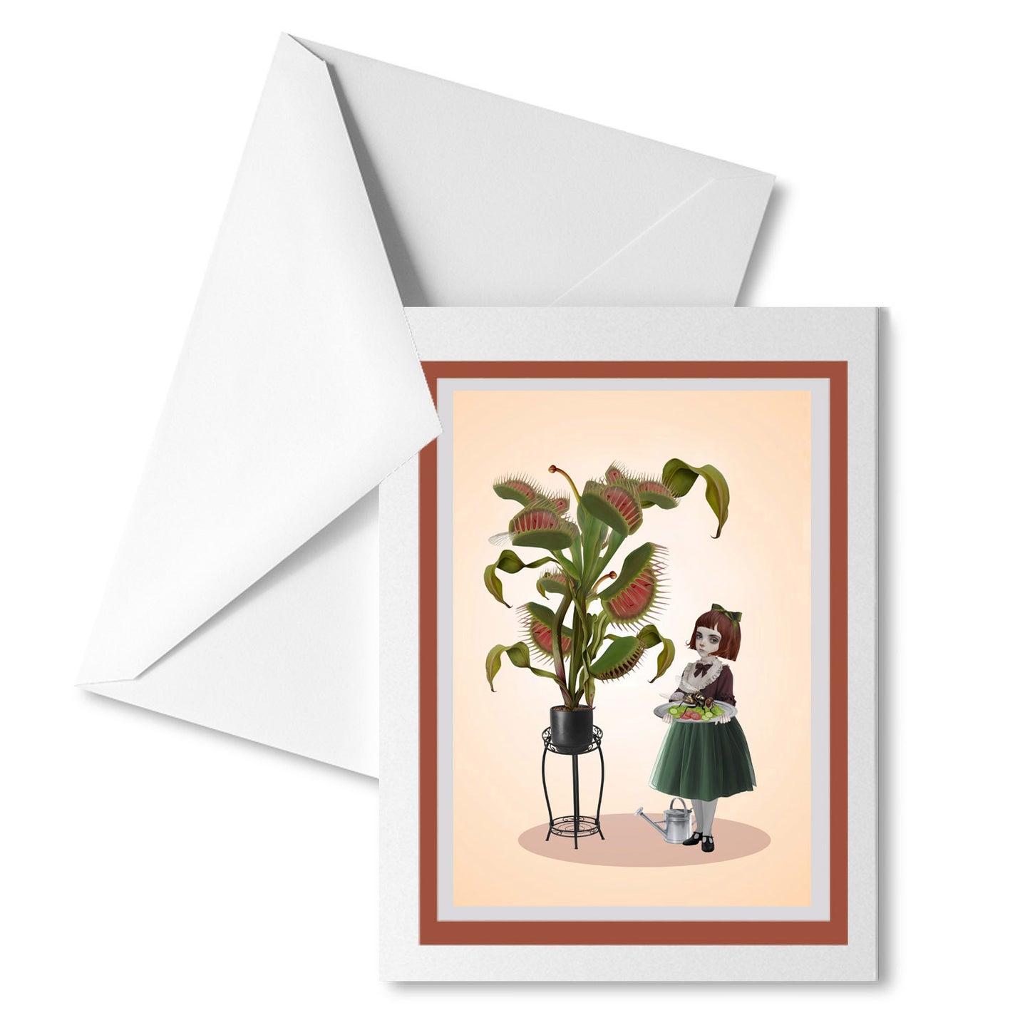 Venus Flytrap Art greeting card, perfect for framing. A girl feeds her venus fly trap a giant fly.