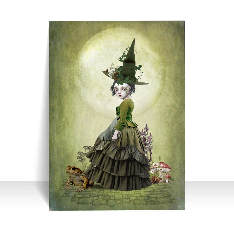 Whimsigoth ACEO Artist Trading Card. This miniature art features a woodland witch and her loyal toad