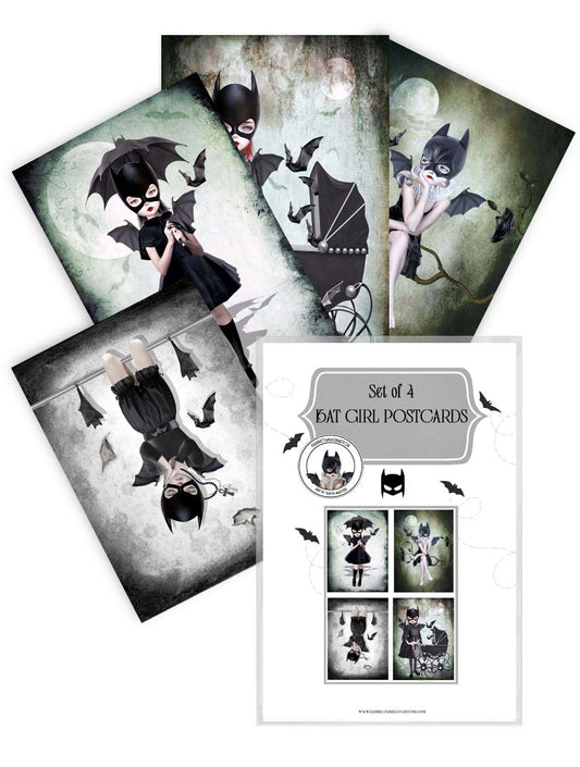 Set of 4 whimsical, creepy-cute, and surreal art postcards with protective cover sleeve