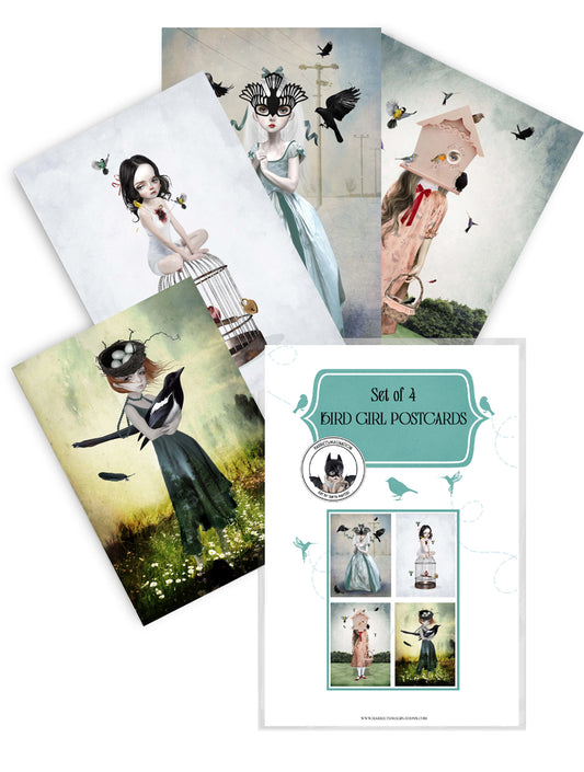 Set of 4 whimsical, and surreal art postcards with protective cover sleeve"
