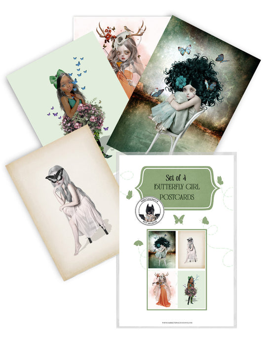 Set of 4 Butterfly girl and butterflies surreal art postcards with protective cover sleeve